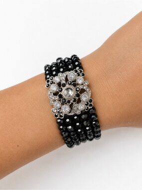 Crystal Floral Statement Stretch Bracelet - Black